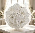 White Artificial Rose Wedding Bouquet W  Ribbon Handle  Rhinestone Accents