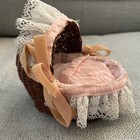 Vintage Wicker Woven Pink Gingham White Lace Lined Baby Doll Bassinet Basket