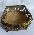 Vtg Antique Victorian Style 24k Gold Plated Casket Trinket Box Beveled Glass Lid