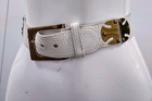 Vintage 1970s Leather Antique White Belt Gold Metal Space Age Design Size Xs 24