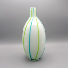 White Cased Art Glass Vase Blue   Green Stripes Ec