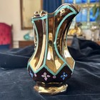 Vtg Antique Bohemian Glass Cream Pitcher Gold Luster Enamel Flowers 5  Moser