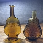 Lot Of 2 Vintage Amber Glass Bottles  Clevenger Bros Scroll Flask   Embossed Bud