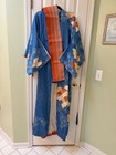 Silk Kimono Blue Orange Fan Pattern With Obi Traditional Japanese Clothing
