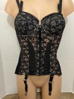 Rare Vtg Satin Lace Corset Padded Bra Garters Rondeau Lilyette Black Beige 34b