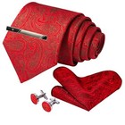 Mens Silk Tie And Pocket Square Cufflinks Clip Set  Designer Red Paisley Set