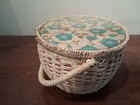 Vintage Dritz Round Woven Wicker Sewing Basket Box W Handle Blue Floral