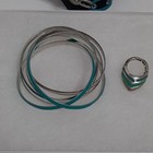 Vintage Silver Blue Chunky Chain Necklace Hoop Earrings Bangle Stretch Ring Set