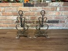 Pair Of Early Antique Wrought Iron Fireplace Andirons Firedogs With Heart Design