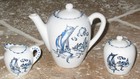 Vintage Child s Blue   White Porcelain Tea Dish Set Made In Japan Sailboat