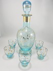 Vintage Bohemian Blue Glass Set Decanter And 5 Shot Glasses Gold Trim