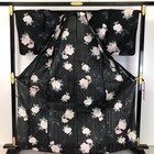 Summer Kimono Yukata Peony Flower Pattern Butterflies Black K-5134