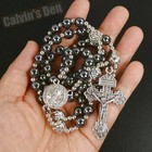 St Benedict Rosary Necklace Black Hematite Bead Five Decade Crucifix Cross Gift