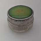 Vintage Glass Powder Jar W  Green Lid  Floral Design  Metal Rim