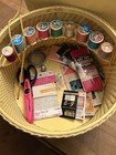 Vintage 1940s Yellow Wicker Floral Sewing Box Basket W  Spools   Notions     Retro