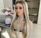 Brown Blonde Ombre Wig Hd Front Lace Human Hair Blend Highlights  Wavy Curly