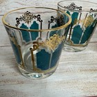 Vintage Mcm Teal Gold Scroll Set Of 3 Lowball Rocks Glasses Old-fashioned Glass
