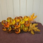 Vtg Lucite Acrylic Orange Yellow Grapes Leaves On Wood Cluster 13    X 6    X 5   