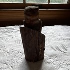 Vintage Hand Carved Wood Owl Figurine Perched On Tree Trunk Stump Folk Art