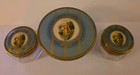 Antique Powder Trinket  Jar Set Of  Three Ribbed Glass With Lids Gold And Blue