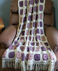 Handmade Crochet Afghan Throw Blanket 44x56 Purple Pink Puff Stitch Fringe Boho