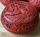 Vintage Chinese Carved Phoenix   Floral     Cinnabar Round Trinket Box 2-5 8   