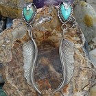 Vtg Navajo Long Drop Dangle Turquoise   Feather Pierced Earrings Signed Sterling
