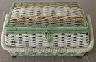 Vintage Wicker Woven Sewing Basket Box Green Satin Quilted With Notions Japan