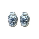 Pair Oriental Blue White Porcelain Double Happiness Character Jars Ws4239
