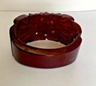 Vintage Carved Burgundy Red Bakelite Hinged Clamper Bracelet  Floral Pattern
