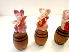 Vintage 1930s Miniature Celluloid Dogs On Wood Barrels Whimsical Set Japan