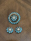 Vintage Mid-century Turquoise Tone Clear Rhinestone Floral Brooch   Earrings Set