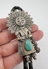 Vtg Navajo Sterling Silver Turquoise   Coral Sunface Kachina Bolo Tie 3  - 60 5g