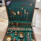 Vintage Thailand Brass Teak Wood Flatware Set