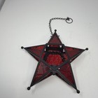 Vtg Moroccan Star Candle Lantern Red Pressed Glass Brass Hanging Tea Light 10 