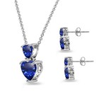 Double Heart Created Blue Sapphire Necklace   Stud Earrings Set In 925 Silver