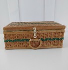 Vintage Mid Century Woven Wicker Wood Sewing Basket W Contents