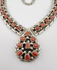 Vintage Navajo Sterling Silver Red Coral Turquoise Collar Bib Necklace 17 5 