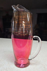 Vintage Mcm Blown Glass Cocktail Pitcher Cranberry Red Gold Bands W  Pinch Spout