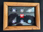 Vintage At t Bell Systems Telephone Enameled Lapel Pins Glass Wood Case Lot Of 7