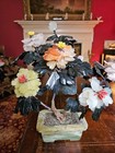 Pair Bonsai Trees Carved Jade Quartz Large Peony Flowers Blossoms Vintage Asian