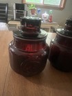 Vtg Wheaton Pressed Red Glass Canisters W embossed Rooster sun 2 Each-32 64 Oz 