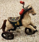 Vintage Wooden Primitive Look Horse On Wheels Pull Toy Decoration Folk Art Style