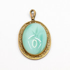 Antique Mint Green Satin Glass Star Pattern Brass Filigree Oval Pendant 2  Long