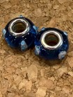 2 Lampwork Glass Rondelle Beads Blue White Large Hole Silver Core Glossy