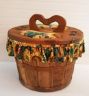Vintage Bushel Sewing Basket Wooden Flip Top Heart Handle Fabric Liner 14 