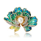 Gold Blue Peony Flower Brooch Pearl Enamel Rhinestone Pin Summer Jewelry Gift