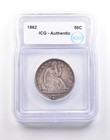 1862 Seated Liberty Half Dollar Authentic Icg Csa Confederate Medal  5182