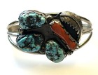 Vintage Native American Sterling Silver Turquoise Coral 3 Band Cuff Bracelet