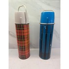 Vintage Thermos King-seely 1964 Orange Plaid 2442 And 1971 Blue Geometric 2410